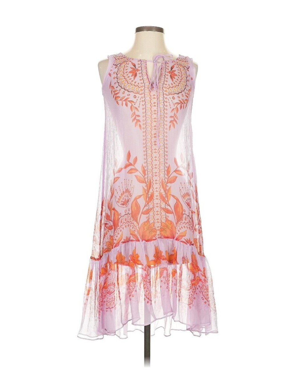 Floreat Sleeveless Silk Dress with Orange Floral Print and Ruffle Hem XS